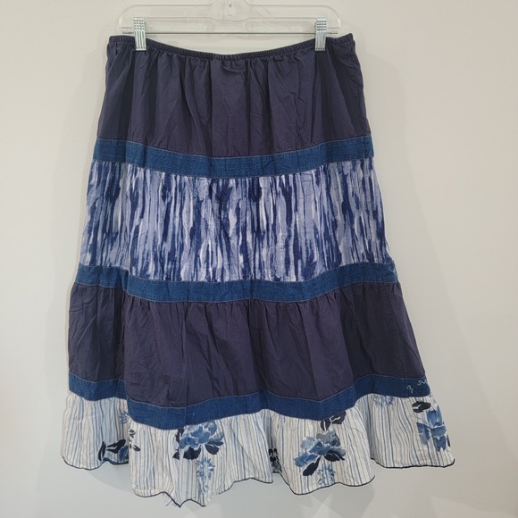 Requirements Dresses & Skirts - Vintage Womens Maxi Skirt Size 14 Blue Tiered Boho Indie Artsy Floral Tie Dye